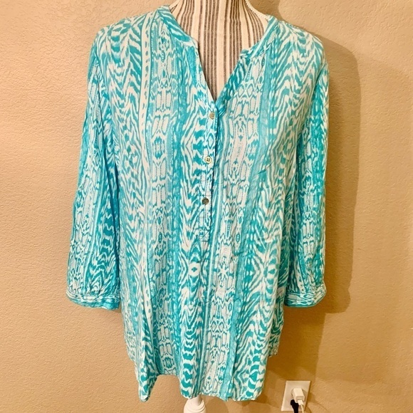 Grand & Greene Tunic Top Large Teal White 3/4 Length Sleeves 1/4 Button-Up Rayon - Picture 1 of 15
